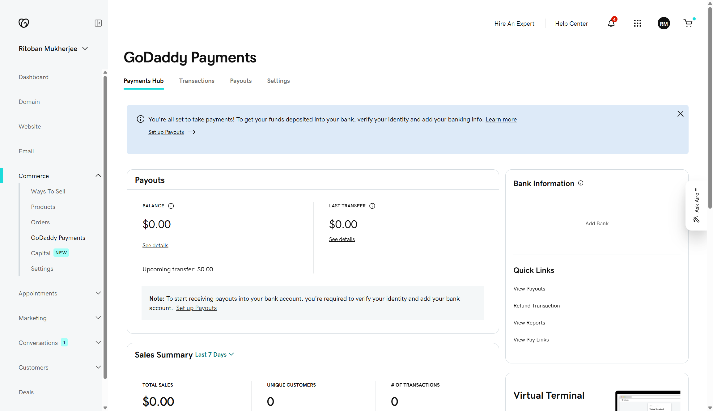 Screenshot of GoDaddy payments dashboard, it shows your balance and last transfer amount.