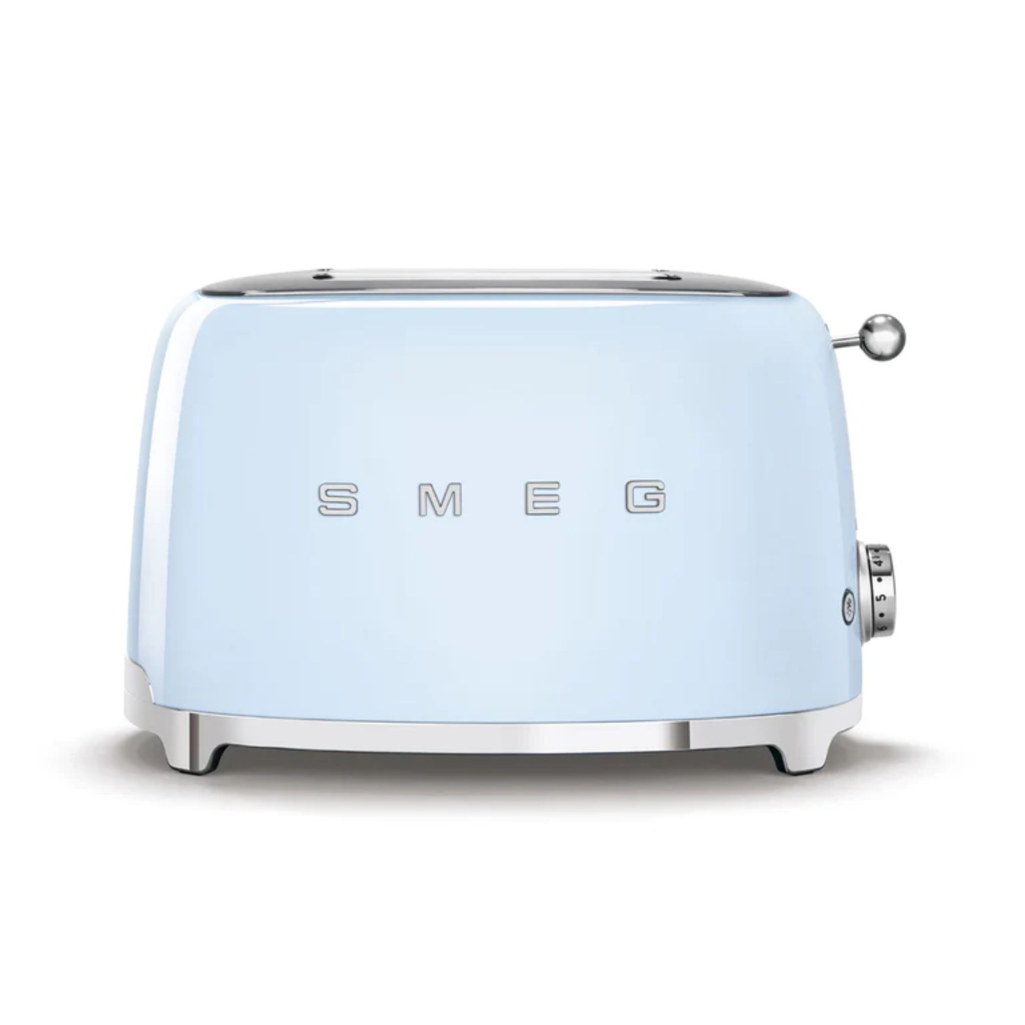 A pastel blue SMEG two-slice toaster