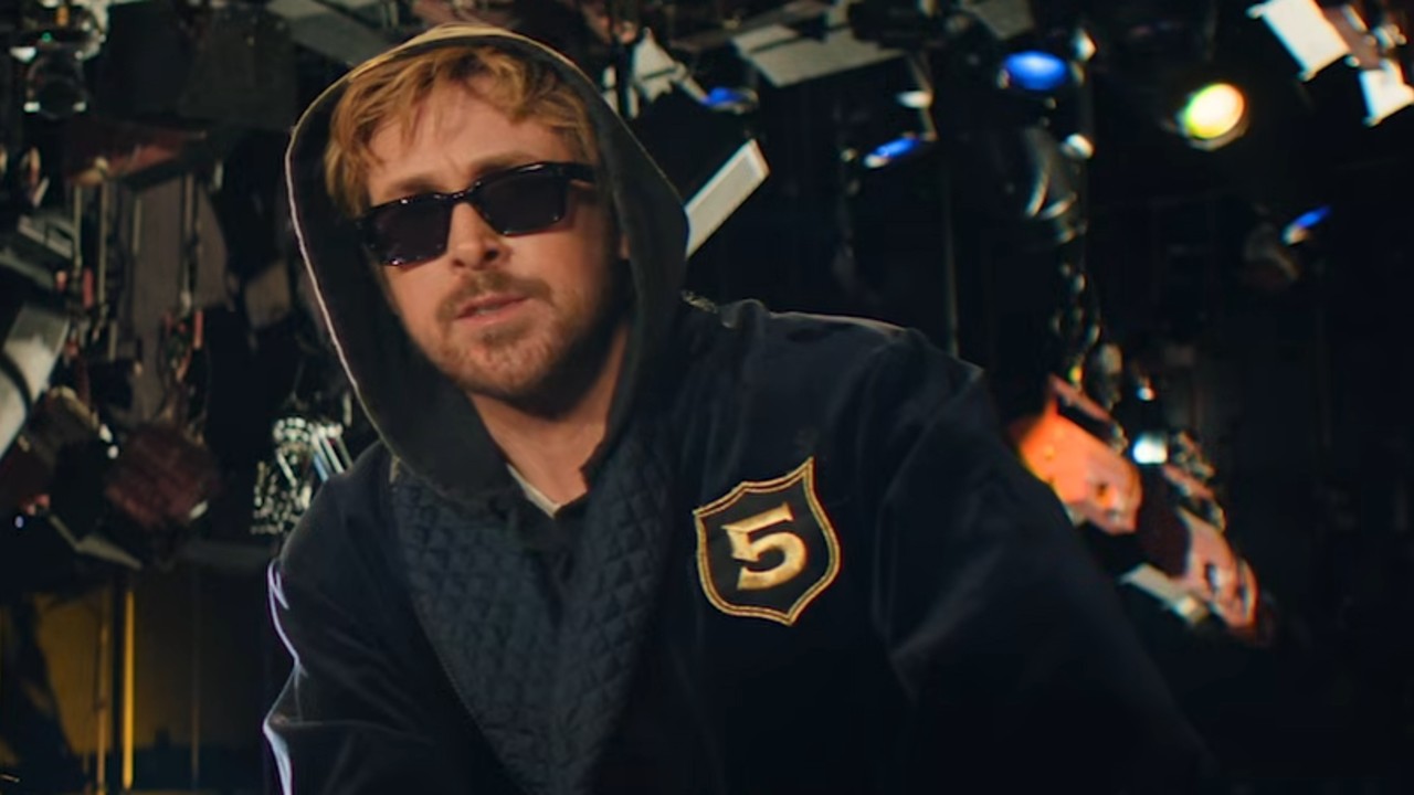 Ryan Gosling wearing a five-timers jacket and sunglasses in a Saturday Night Live ad. 