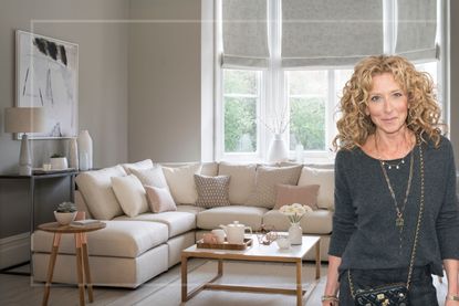 A comp image of a living room with an L-shaped sofa, with a cut out of Kelly Hoppen on the right