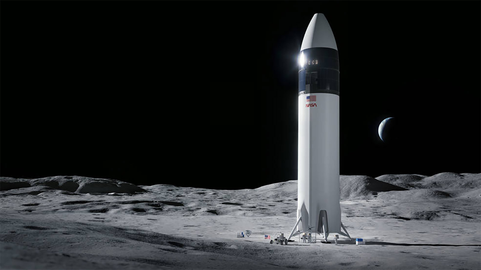 A SpaceX Rendering Of Its Starship Lunar Lander On The Moon With American Astronauts On The Moon's Surface