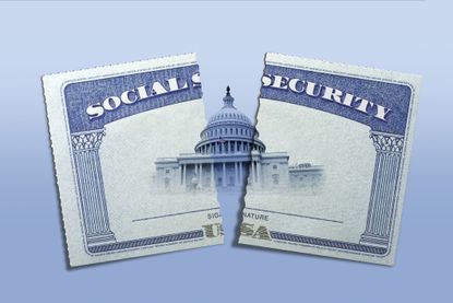 A Social Security card cut in half with the United States Capitol building on it.