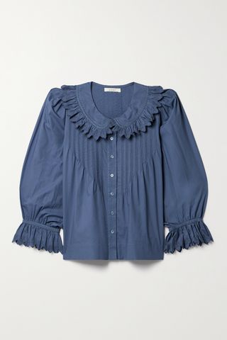+ Net Sustain Hickory Ruffled Pintucked Embroidered Organic Cotton-Poplin Blouse