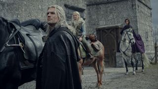 Geralt, Ciri, and Yennefer prepare to ride off on horses in The Witcher season 3