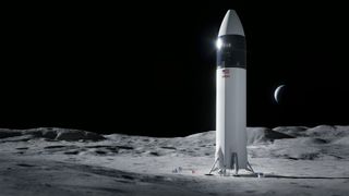 astronauts stand beneath a giant white rocket on the surface of the moon