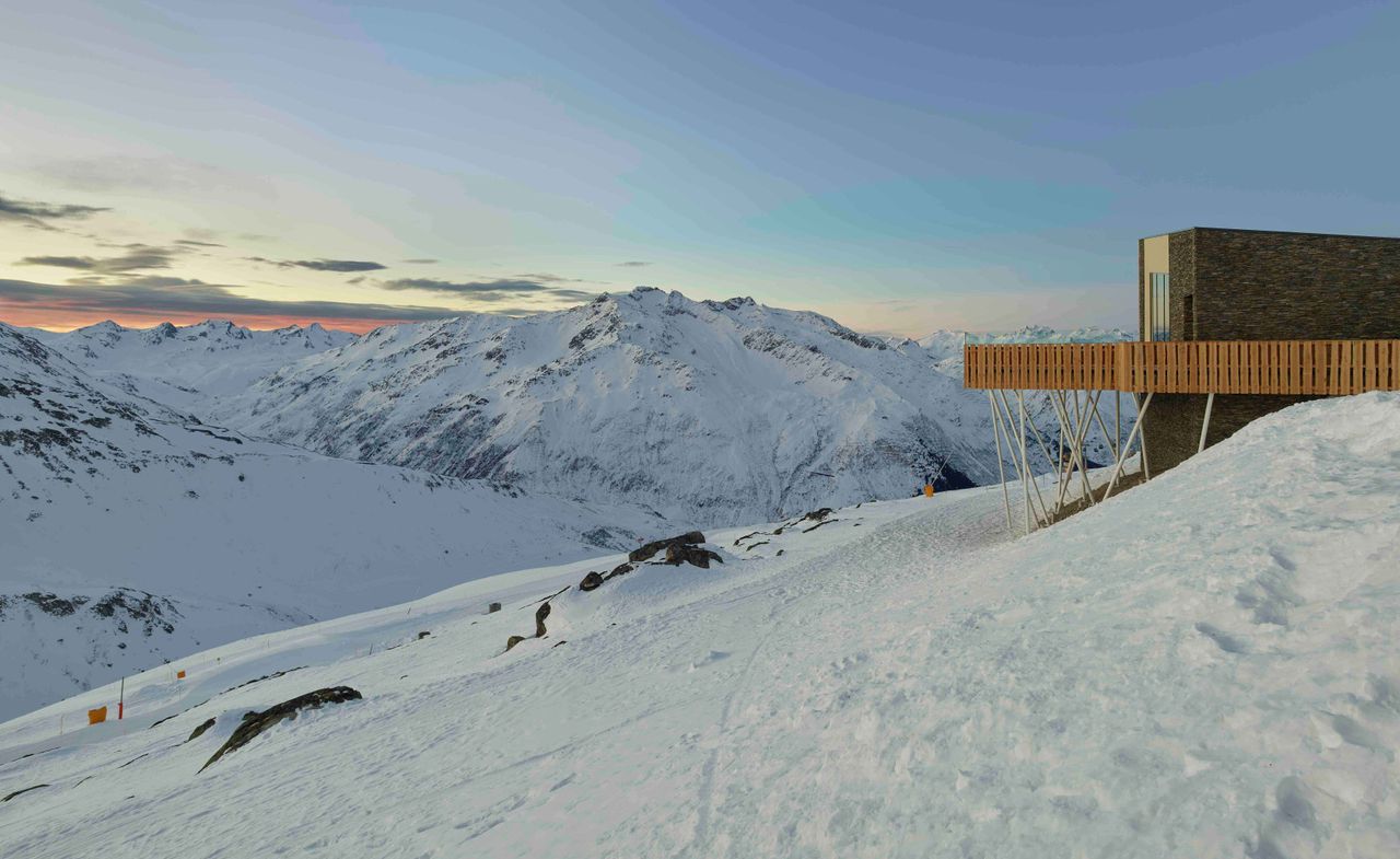 Exterior view with snowy mountains