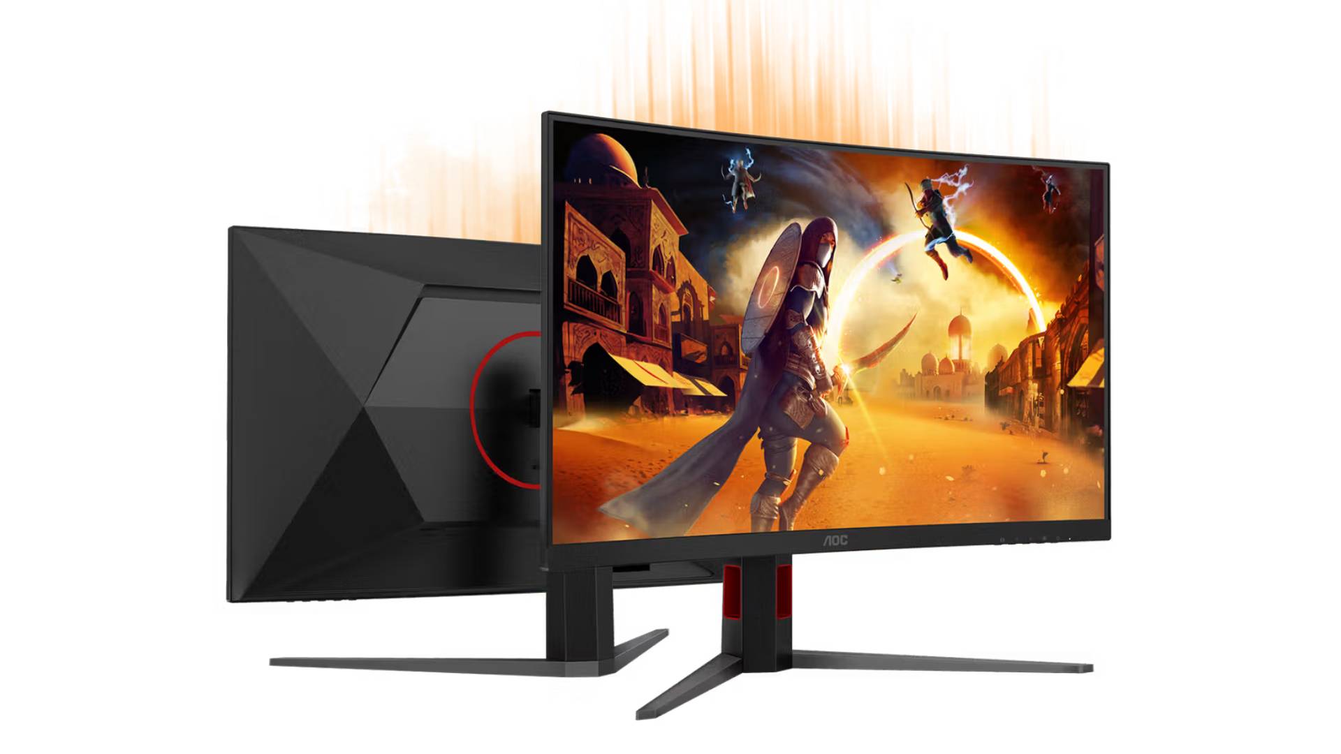 Back and front side view of AOC CQ32G4ZA monitor with generic fight scene on screen.