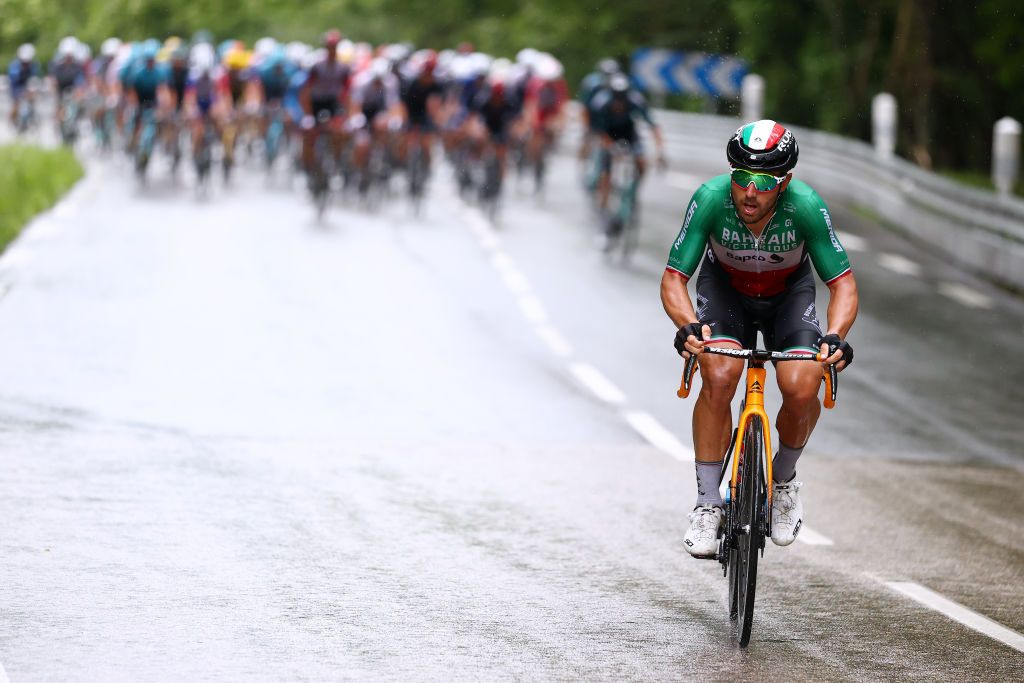 LE GRAND BORNAND FRANCE JULY 03 Sonny Colbrelli of Italy and Team Bahrain Victorious during the 108th Tour de France 2021 Stage 8 a 1508km stage from Oyonnax to Le GrandBornand LeTour TDF2021 Rain on July 03 2021 in Le Grand Bornand France Photo by Michael SteeleGetty Images