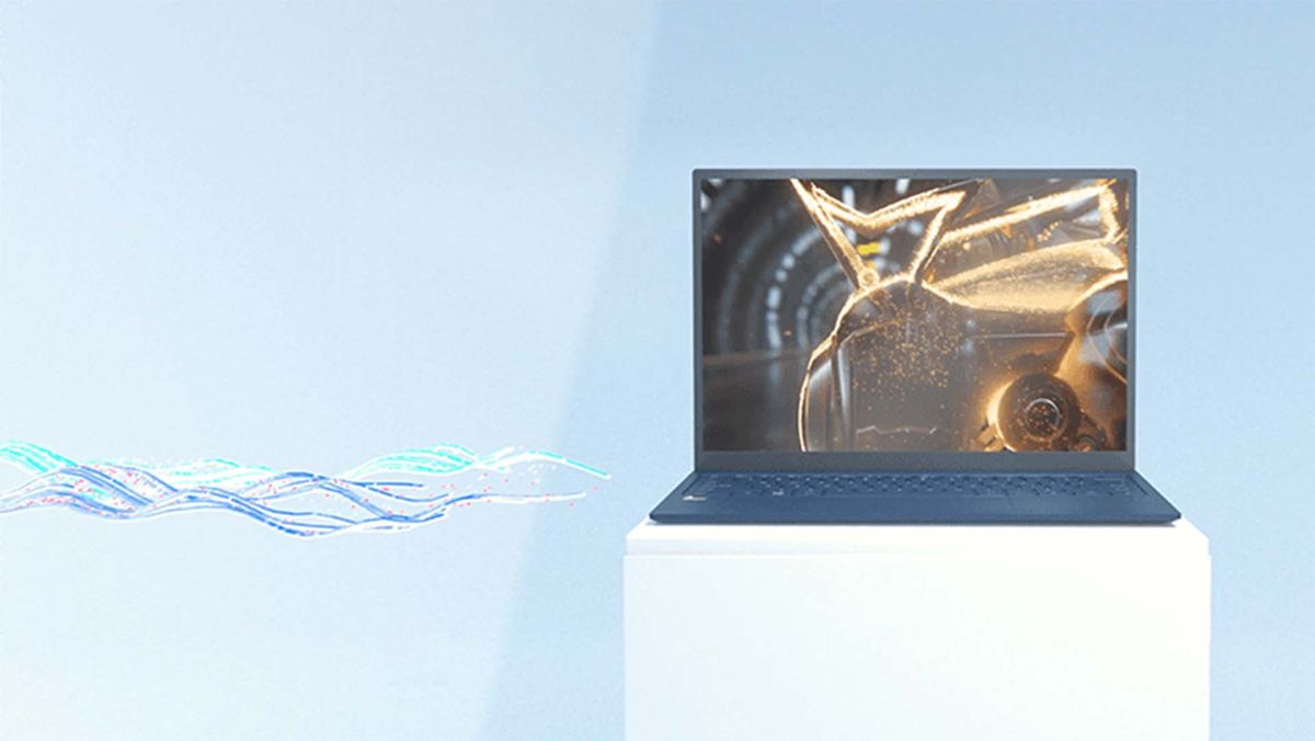 Qualcomm technology render image with laptop on a pedestal