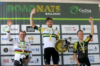 Second-placed Rohan Dennis (Bahrain-Merida), winner Luke Durbridge (Mitchelton-Scott) and third-placed Cameron Meyer (Mitchelton-Scott) on the podium after the elite men's time trial at the 2019 Australian national championships