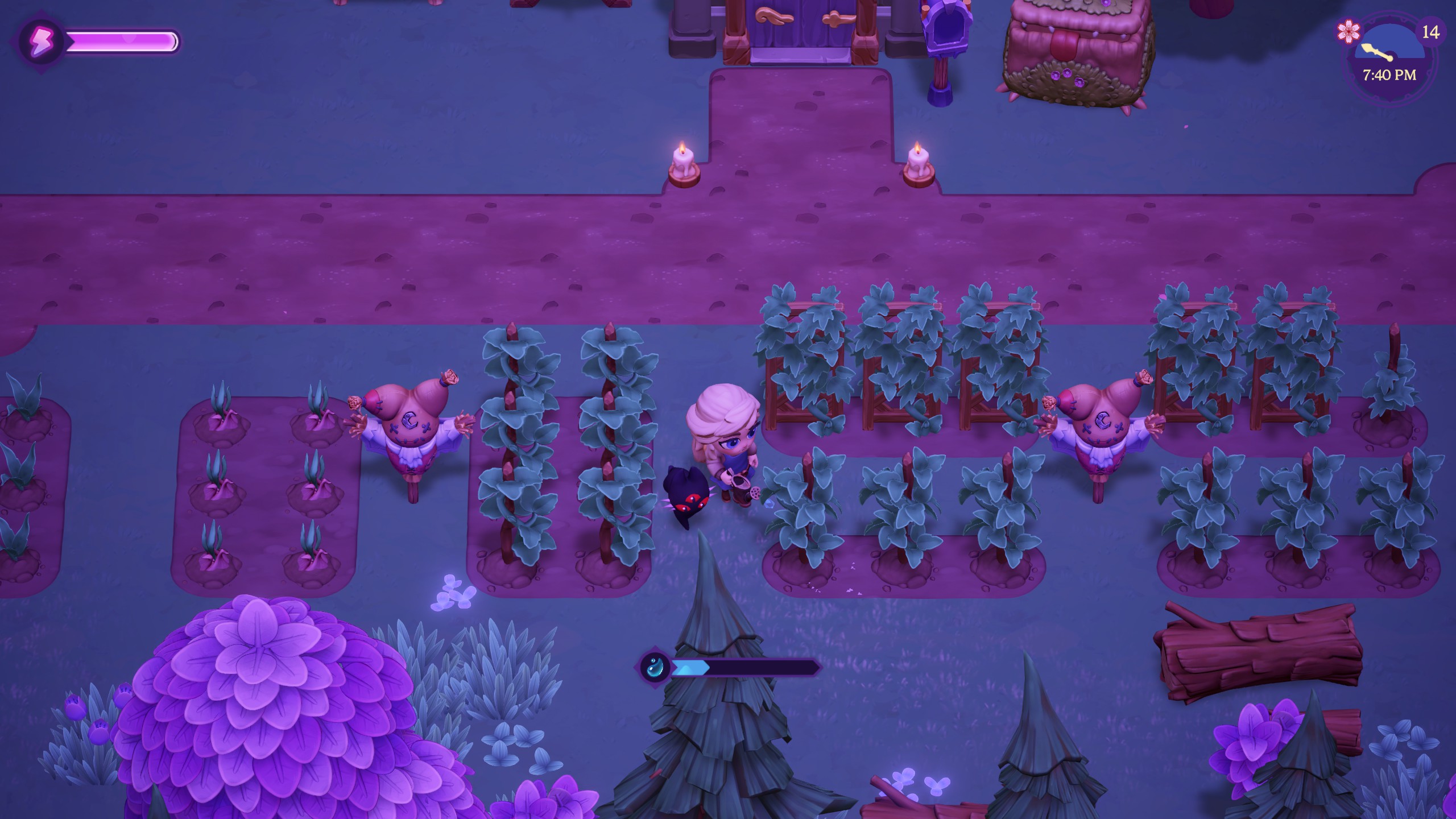 Moonlight Peaks - a player waters their plants at the farm