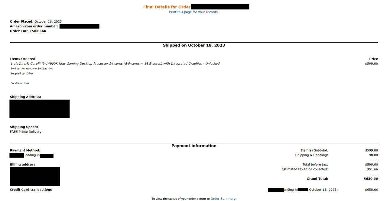 Intel receipt