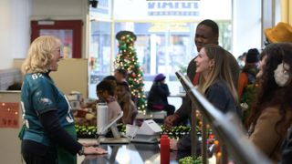 Donna Kelce cameo in a Philly Cheesesteak restaurant in Hallmark's Christmas on Call