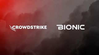 The CrowdStrike and Bionic logos on a background of clouds coloured in black and red