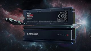 The Samsung 980 Pro PS5 SSD with heatsink on a cosmic background