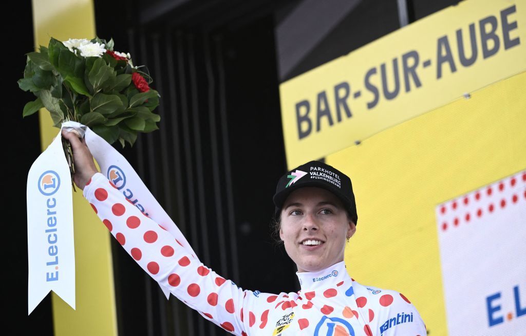 Parkhotel Valekenburgs Dutch rider Femke Gerritse celebrates her best climbers polka dot jersey on the podium at the end of the 4th stage of the new edition of the Womens Tour de France cycling race 1268 km between Troyes and BarsurAube eastern France on July 27 2022 Photo by Jeff PACHOUD AFP Photo by JEFF PACHOUDAFP via Getty Images