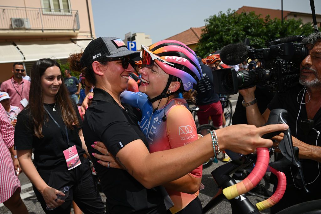 OLBIA ITALY JULY 09 Stage winner Chiara Consonni of Italy and UAE Team ADQ reacts after the 34th Giro dItalia Donne 2023 Stage 9 a 12685km stage from Sassari to Olbia UCIWWT on July 09 2023 in Olbia Italy Photo by Dario BelingheriGetty Images