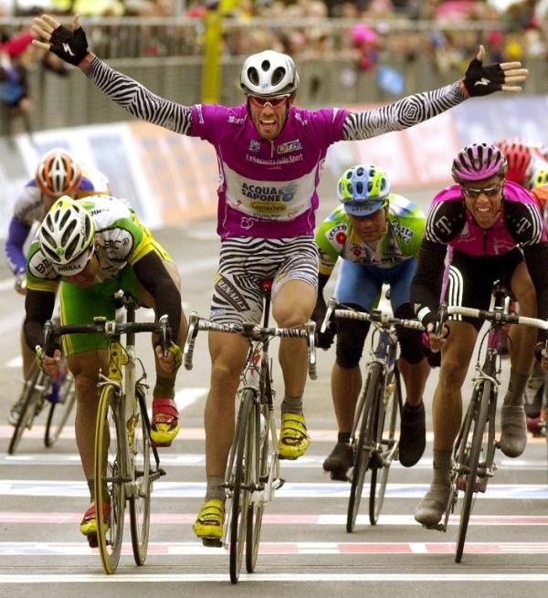 Nobody's won more Giro d'Italia stages than Mario Cipollini, shown here resplendent in zebra-striped Acqua &amp; Sapone kit.
