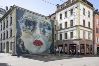 A photograph hanging in a town