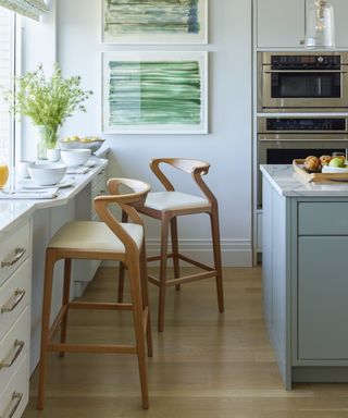 bar stool and breakfast nook in grey kitchen