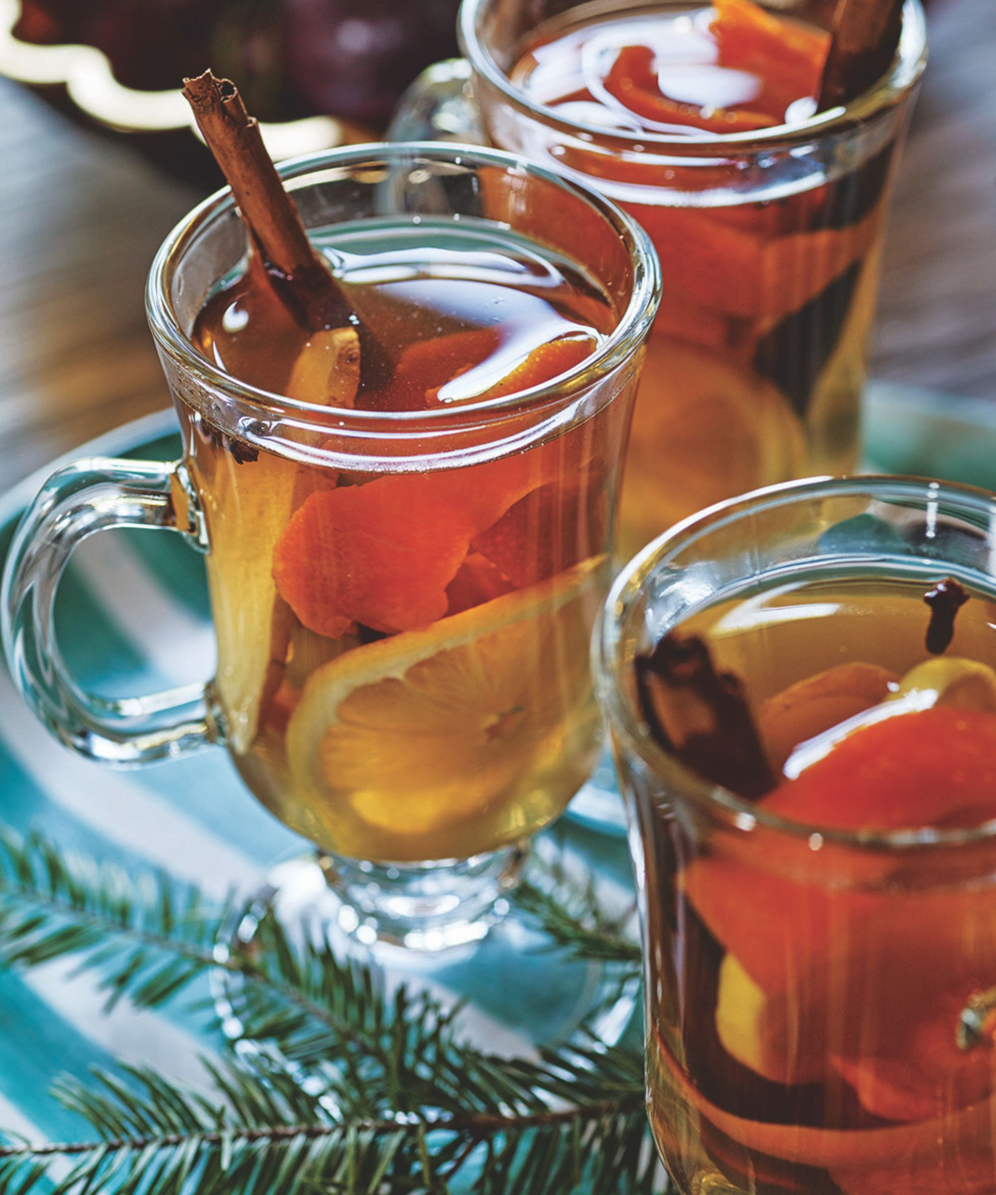 Glasses of hot toddy with fruit slices and cinnamon sticks