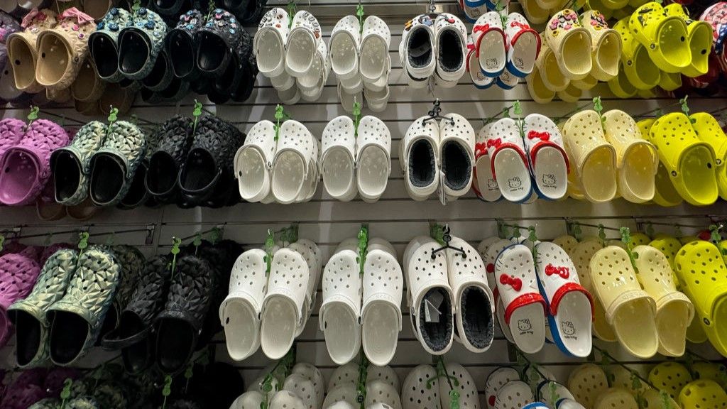 Crocs shoes are displayed in a Crocs store at the Great Mall Milpitas on May 07, 2024 in Milpitas, California.