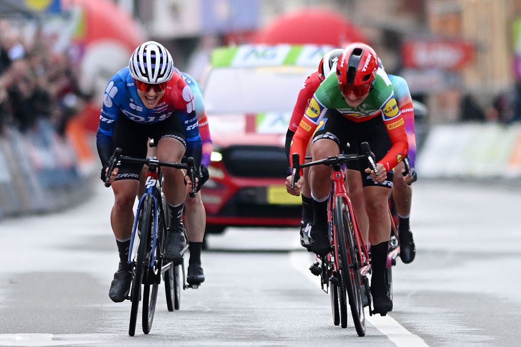 LIEGE BELGIUM APRIL 24 A general view of Grace Brown of Australia and Team FDJ Suez Elisa Longo Borghini of Italy and Team Lidl Trek and Demi Vollering of The Netherlands and Team SD Worx Protime sprint at finish line during the 8th Liege Bastogne Liege Femmes 2024 a 1529km one day race from Bastogne to Liege UCIWWT on April 24 2024 in Liege Belgium Photo by Dario BelingheriGetty Images
