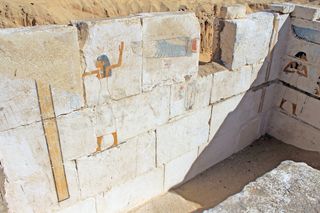 Colorful tomb paintings on limestone