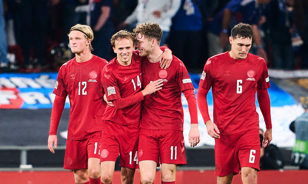 Mikkel Damsgaard and Andreas Skov Olsen of Denmark celebrate after scoring their second goal during the UEFA Nations League match between Denmark and France at Parken on September 25, 2022 in Copenhagen, Denmark.