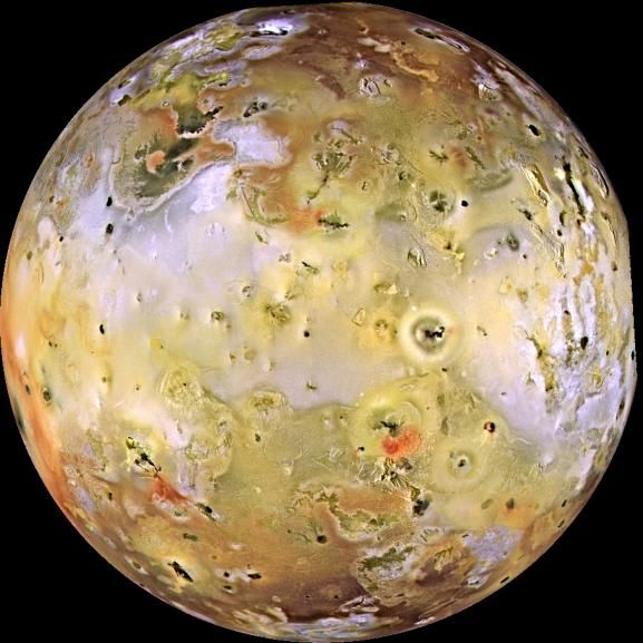 Io, the most volcanic body in the solar system, is seen in this composite image obtained by NASA&#039;s Galileo spacecraft in 1996. The smallest features that can be discerned are 2.5 kilometers in size. 