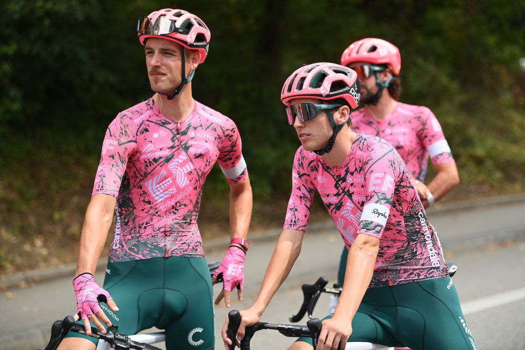SCHAUINSLAND GERMANY AUGUST 27 LR Jonas Rutsch of Germany and Sean Quinn of United States and Team EF Education Easypost during the 37th Deutschland Tour 2022 Stage 3 a 1489km stage from Freiburg to Schauinsland 1200m DeineTour on August 27 2022 in Schauinsland Germany Photo by Stuart FranklinGetty Images