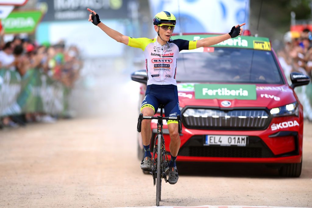 LES PRAERESNAVA SPAIN AUGUST 28 Louis Meintjes of South Africa and Team Intermarch Wanty Gobert Matriaux celebrates at finish line as stage winner during the 77th Tour of Spain 2022 Stage 9 a 1714km stage from Villaviciosa to Les Praeres Nava 743m LaVuelta22 WorldTour on August 28 2022 in Les Praeres Nava Spain Photo by Justin SetterfieldGetty Images