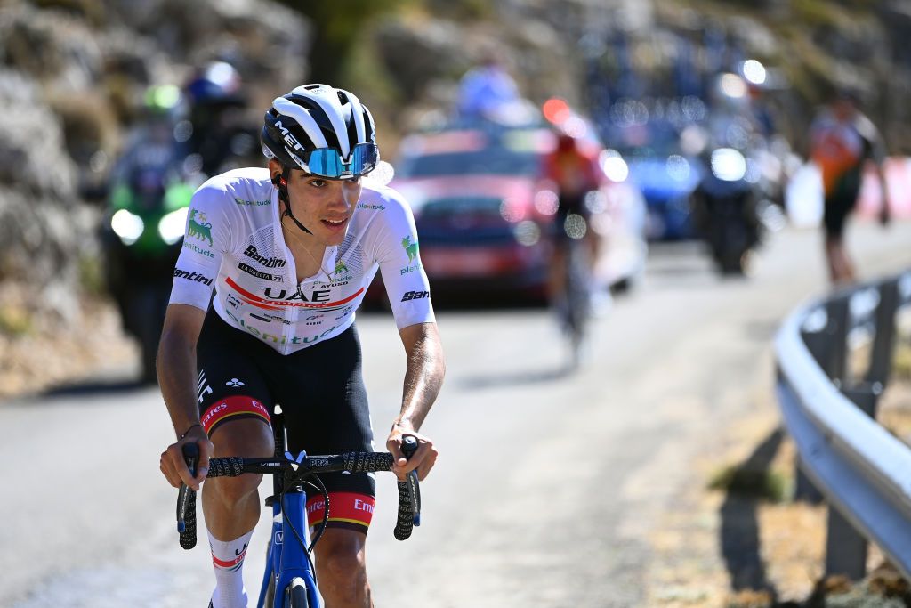 SIERRA DE LA PANDERA SPAIN SEPTEMBER 03 Juan Ayuso Pesquera of Spain and UAE Team Emirates White Best Young Rider Jersey competes during the 77th Tour of Spain 2022 Stage 14 a 1603km stage from Montoro to Sierra de La Pandera 1815m LaVuelta22 WorldTour on September 03 2022 in Sierra de La Pandera Spain Photo by Tim de WaeleGetty Images