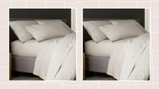 Two images of bedding on bed on pink grid background