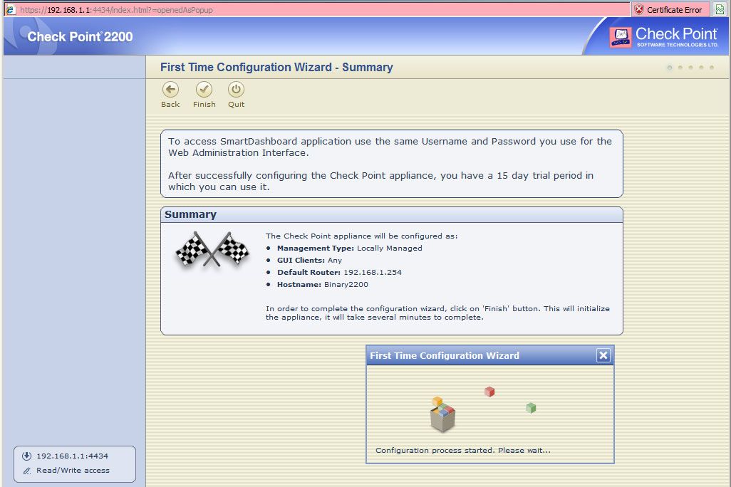 The appliance&rsquo;s web interface provides a quick start wizard to get the network ports configured.