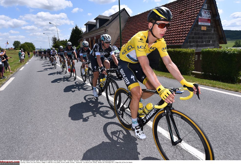 Tony Martin (Etixx QuickStep) leads the peloton on stage 6 of the Tour de France