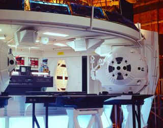 A detail of the Jupiter spaceship Discovery interior, from where the EVA pods are despatched into space. The sets from the film "2001: A Space Odyssey" were built half a century ago, but still seem fresh and modern today.