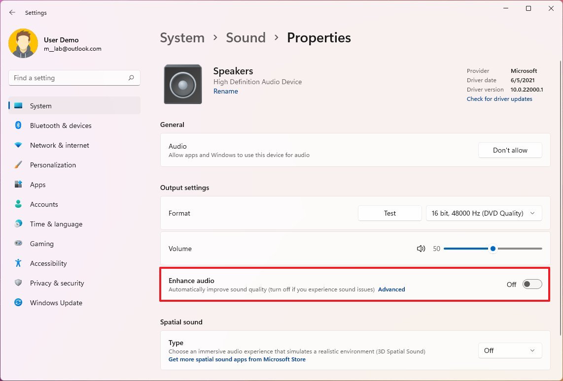 Windows 11 отключает функции улучшения звука