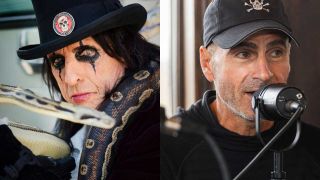 Alice Cooper in make-up with a snake, and Rocco Mediate in a podcast studio 