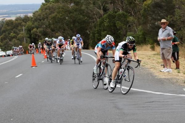 Tiffany Cromwell (GreenEDGE) and Gracie Elvyn (Jayco-AIS) attacked together on the turn in to Mount Buninyong Road