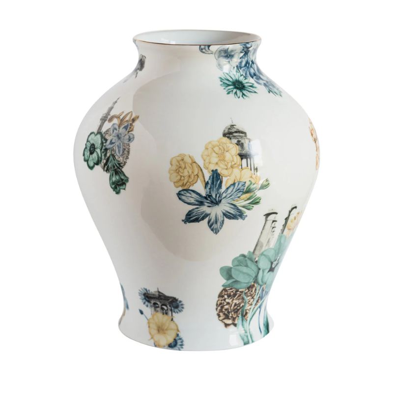 white vase with floral design