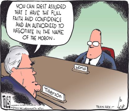 Political cartoon U.S. Rex Tillerson Trump moron