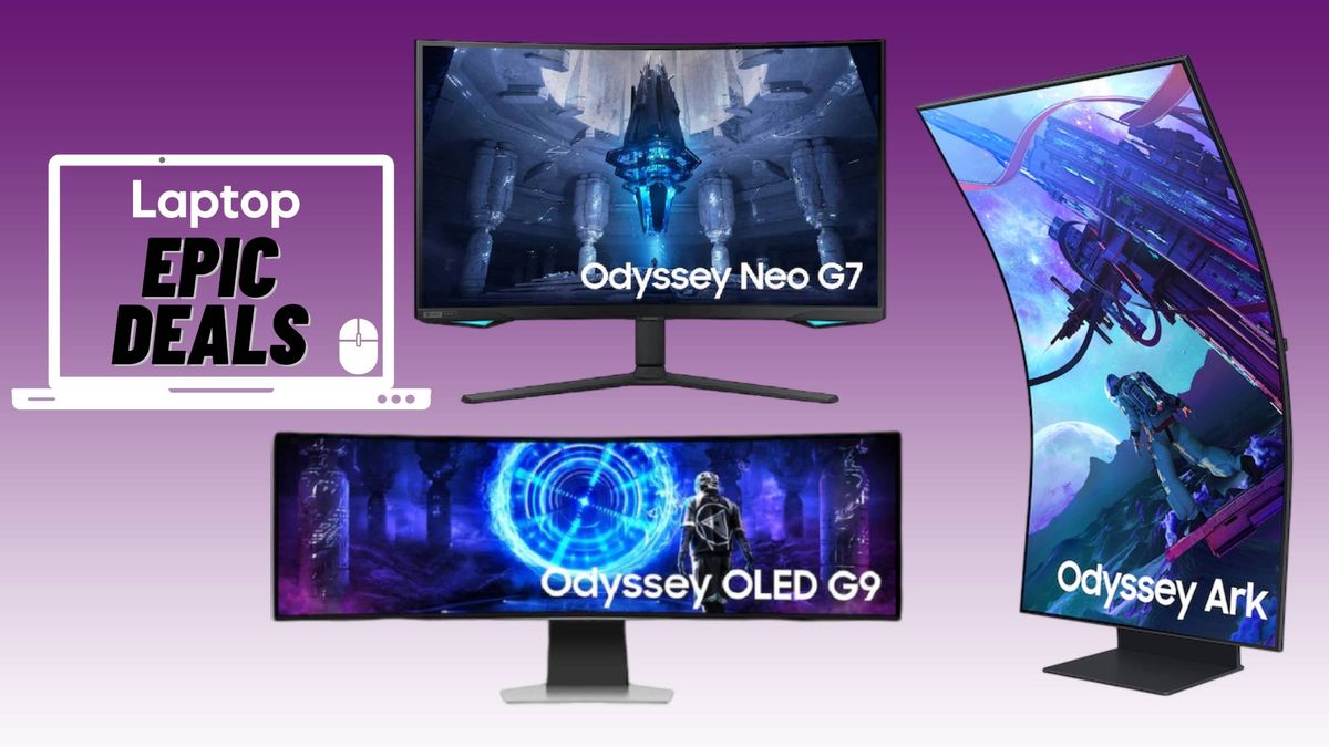 Samsung Odyssey Neo G7, Odyssey OLED G9, and Odyssey Ark 2 against purple gradient background