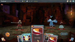 Slay The Spire - The player on the left side of the screen battles two enemies on the right in a turn based battle. The card "Strike" is highlighted in the player's hand of cards.