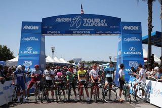The big names and jersey wearers are called out at the start of stage 5 of the 2018 Tour of California in Stockton