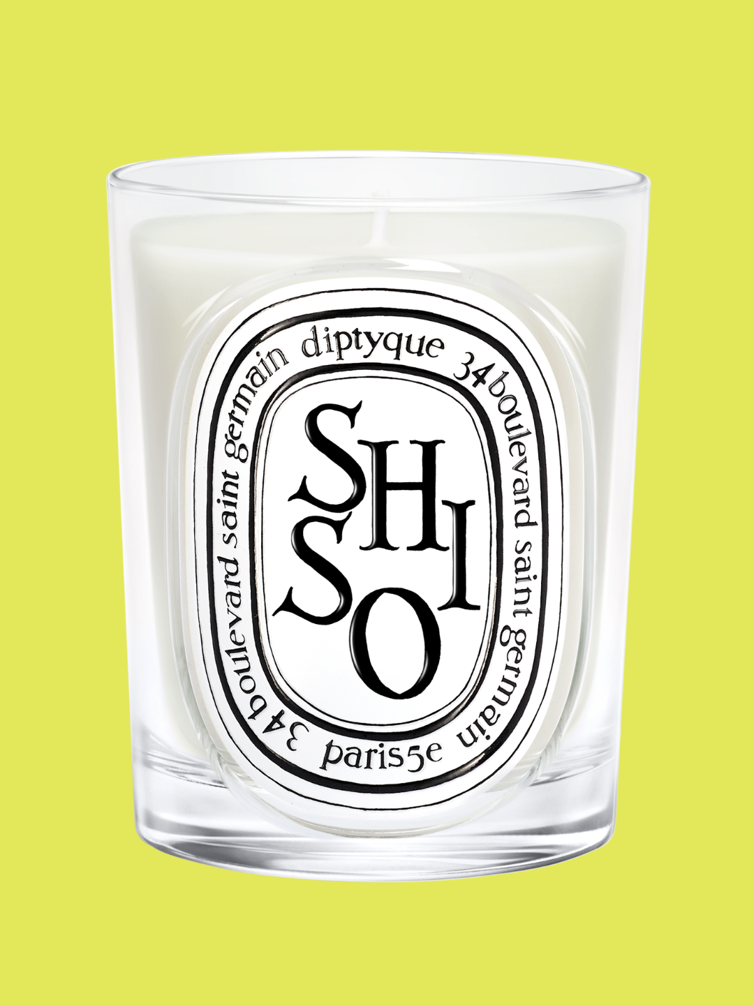 A shiso-scented candle from Diptyque in a glass vessel