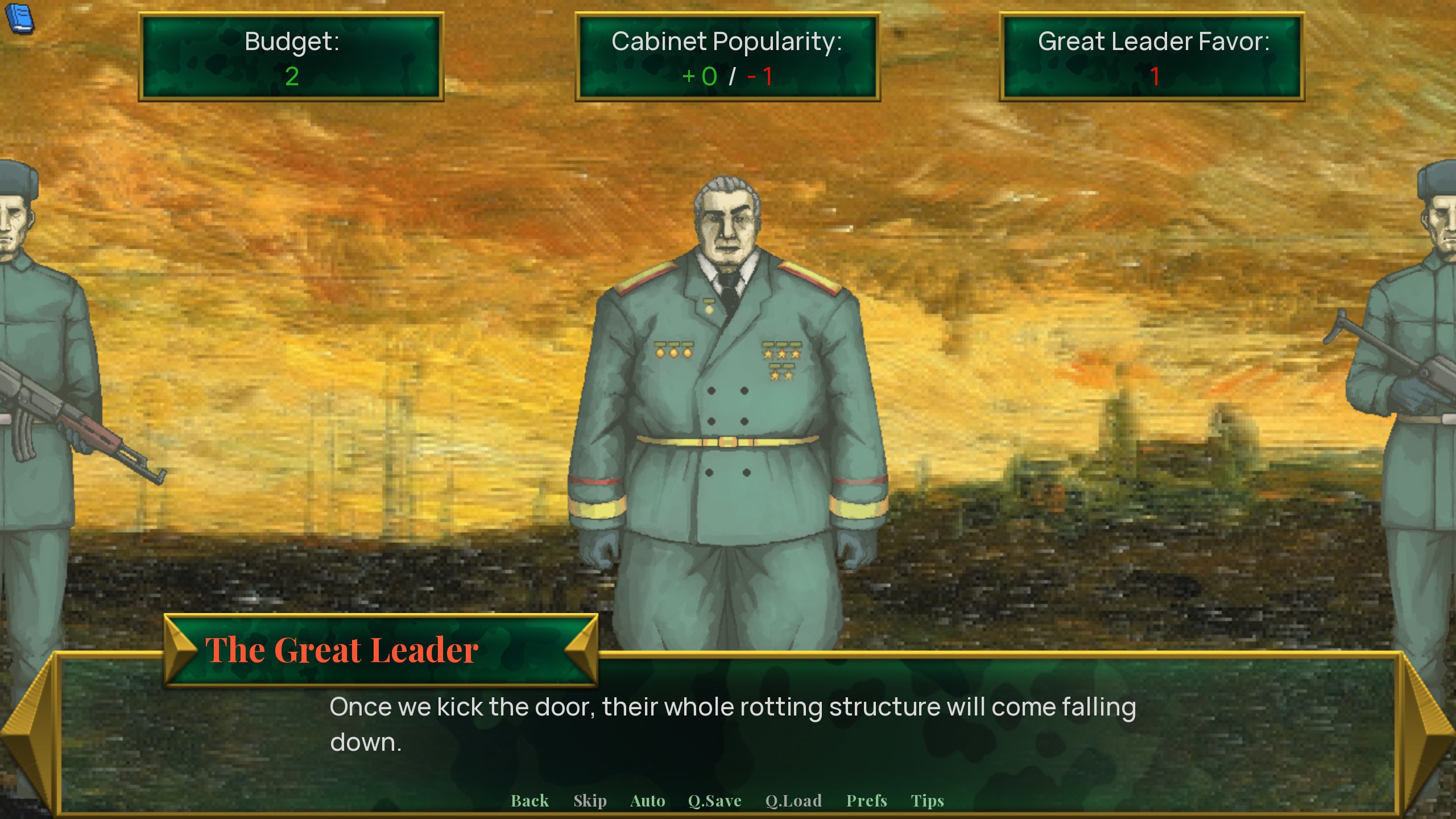 A large man in a military uniform, named The Great Leader. He is saying 