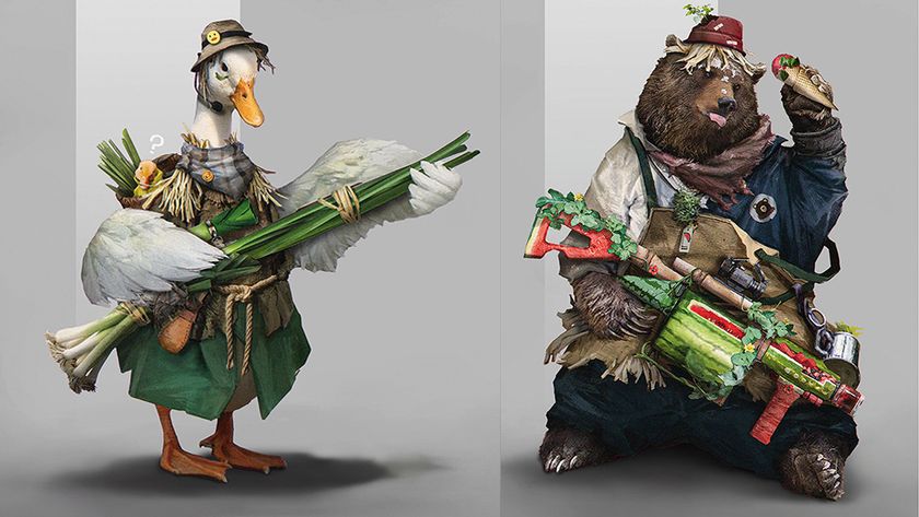 Character art concept showing an animal holding a weapon made from vegetables