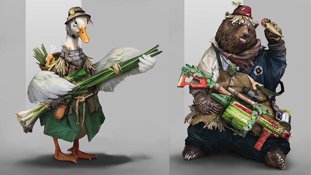 Character art concept showing an animal holding a weapon made from vegetables
