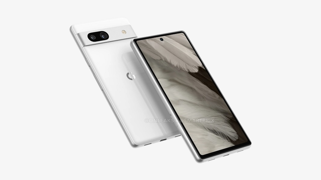A leaked render of the new Google Pixel 7a in white.